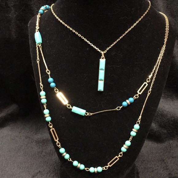 NY and Company  gold tone and turquoise colored bead 3 strand necklace - Picture 1 of 5